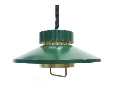 A Danish green enamelled and brass coloured pull-down ceiling light CONDITION REPORT: Working order unknown and not guarantee