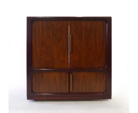 A Dyrlund Cherrywood cabinet with two pairs of tambour doors on castors, w. 95 cm   CONDITION REPORT:  Bottom part with shelf