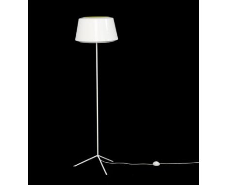 Matthias Sahlbom for Zero Lighting, a 'Can Line' white lacquered standard lamp, the shade with a yellow interior on a straigh