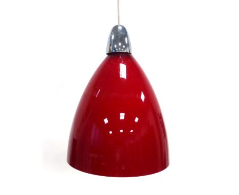A red spun plastic pendant ceiling light CONDITION REPORT: Working order unknown and not guaranteed.
