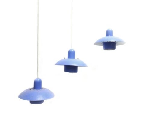 A set of three 1970's Form Light blue enamelled ceiling lights of squat form