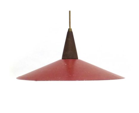 A 1970's red enamelled ceiling light with a teak cap CONDITION REPORT: Working order unknown and not guaranteed. Heavy wear a