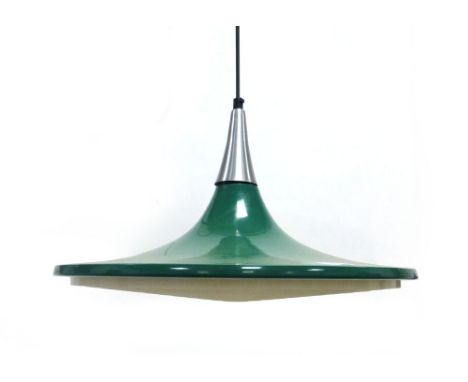A 1970's green enamelled ceiling light with a stainless steel cap and a plastic diffuser CONDITION REPORT: Working order unkn