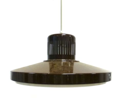 A 1970's brown enamelled squat ceiling light with a perspex diffuser