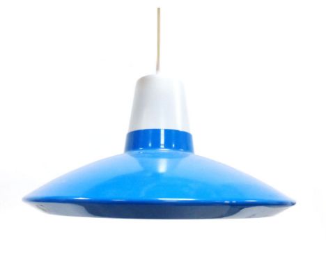 A royal blue enamelled ceiling light with a perspex cap and diffuser CONDITION REPORT: Working order unknown and not guarante