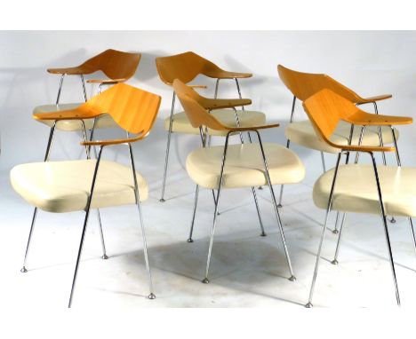 Robin Day for Habitat, a set of six oak and cream leather '675' chairs on chromed tubular legs, designed in 1952 CONDITION RE