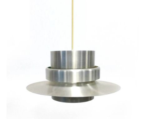 A 1970's aluminium ceiling lamp with external bands CONDITION REPORT: Working order unknown and not guaranteed. Some wear and