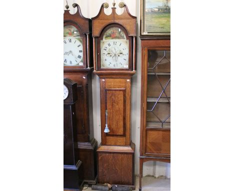 19th century oak two train longcase clock, with swan neck pediment above painted dial with Roman numerals, second hands dial 
