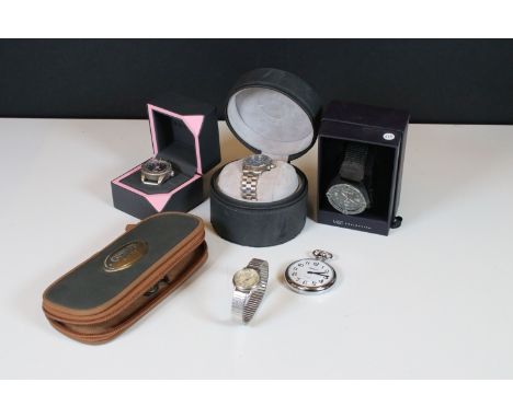 A small collection of wristwatches to include a Tag Heuer within original box and a guess example together with a pocket watc