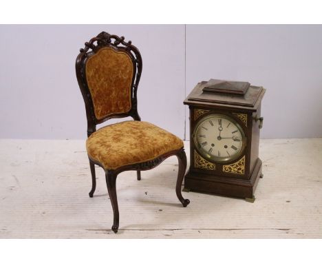 Early 20th century oak two train mantle clock, H 36cm, together with Louis XV style apprentice chair of small proportions, H 