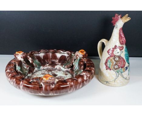 Vintage large German Majolica fruit bowl, diameter 35cm together with a Sanguino Toledo Spanish novelty pitcher jug modelled 