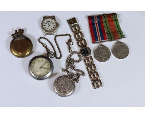 A small group of mixed collectables to include British full size world war two medals, pocket watch and trench art pocket lig