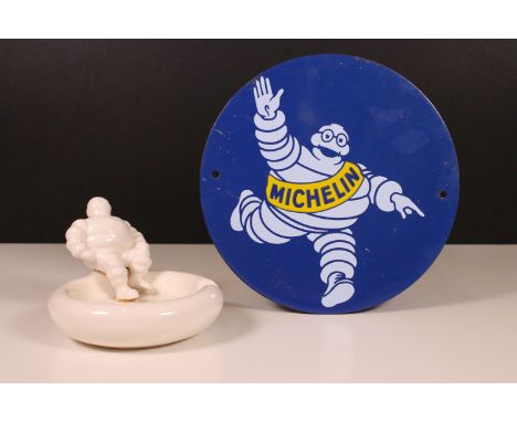 Michelin Man circular enamel sign, 20cm diameter together with an original Michelin Man white glazed ceramic ashtray surmount