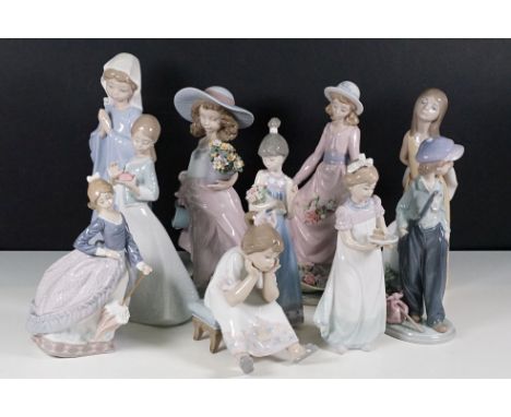 Group of Lladro figurines to include seated girl 5549, girl with plant pot 7676, girl with bouquet 5604, boy with catapult 54