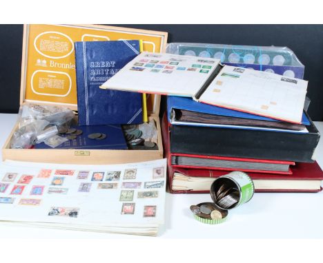 Collection of world stamps and coins, stamps mostly in albums to dating from 19th Century onwards including Victorian penny l