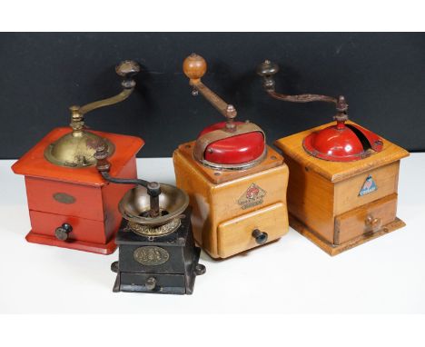 Group of mid 20th century coffee grinder mills to include Coulax, Dienes Mokka, A Kenrick &amp; Co and Peugeot Freres example
