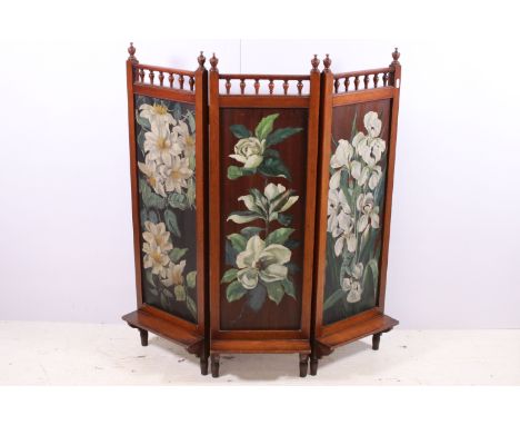 Early 20th century, hand painted mahogany three section fire screen cover with floral design, H 99cm, W 90cm