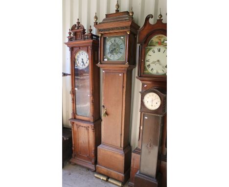 19th century mahogany two train longcase clock, the stepped hood with brass finials, the silvered dial with Roman hour numera