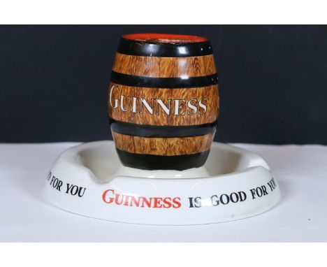Mintons ‘ Guinness is good for you ‘ ceramic combination matchbox holder and ashtray with central barrel keg, 10cm high
