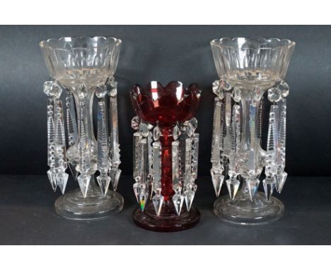 Trio of antique cut glass lustres with prism droplets, two clear and one ruby glass example, tallest H 33cm