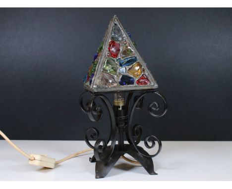 Wrought iron table lamp base with irregular glass pieces shade, H 33cm