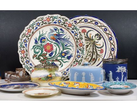 Assortment of ceramics to include Wedgwood jasperware cheese dome and biscuit barrel, Royal Doulton 'Under the Green Wood Tre