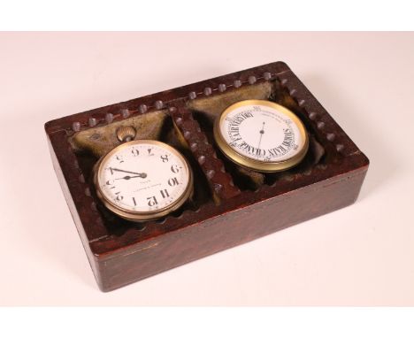 Bright and Sons Ltd 8 days pocket watch and barometer set housed within a wooden carved edge case, W 19cm, H 12cm, D 4cm