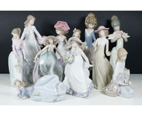 Selection of Lladro lady figurines to include girl with umbrella 7636, girl in hat 5799, lady in gown 5662, girl with basket 