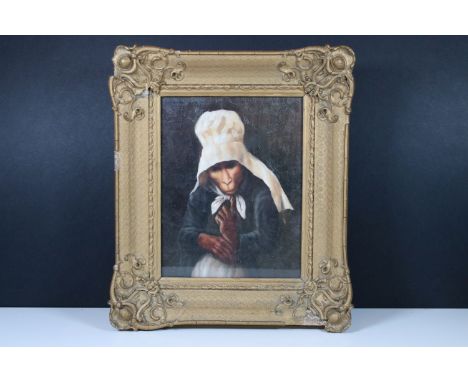Portrait depicting a monkey dressed as an 'old maid', oil, 24.5 x 19cm, gilt framed and glazed