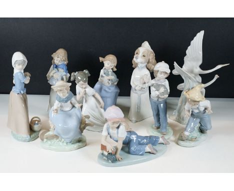 Selection of Lladro Nao figurines to include girl with puppy and basket, girl with puppy, girl with doll, farm boy with birds