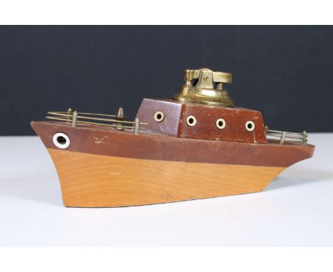 Art Deco wooden novelty table lighter in the form of a pleasure boat cruiser, 23cm long