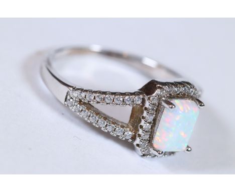 Silver CZ and central opal panel ring 