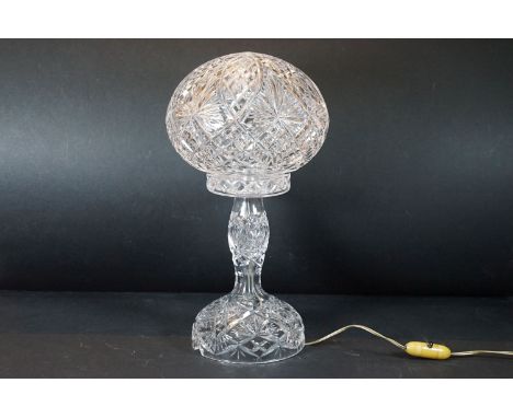 Clear cut glass mushroom table lamp with a shaped base and a round cut spherical crystal shade, approx. H 41cm