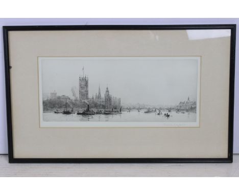 Rowland Langmaid (British, 1897 - 1956), 'Mother of Parliaments' etching, Mucklows Gallery label verso, inscribed with title 