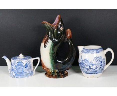 TGG &amp; Co Ltd blue and white tea pot with Chinese landscape scene together with a blue and white transferware jug and a ma