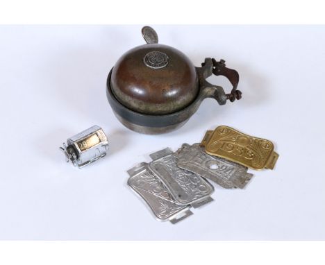 An early to mid 20th century Lucas 'King of the Road' bicycle bell together with a lucas wheel mounted mileage counter. 