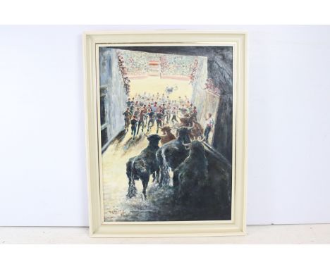 Rudecindo Mannia (Gibraltarian, 1896 - 1979), bull fight from the sideline - likely depicting the bull ring at La Linea de la