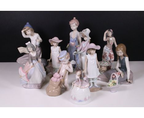 Selection of Lladro and Nao figurines to include Valentine's cherub, seated girl, girl with bell, Hawaiian girl, girl with um