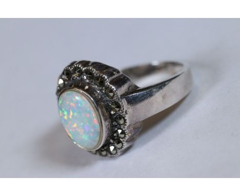 Silver diamonte and opal ring 