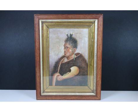 Portrait of a Maori warrior holding a patu club, oil painting, 28.5 x 18.5cm, framed and glazed