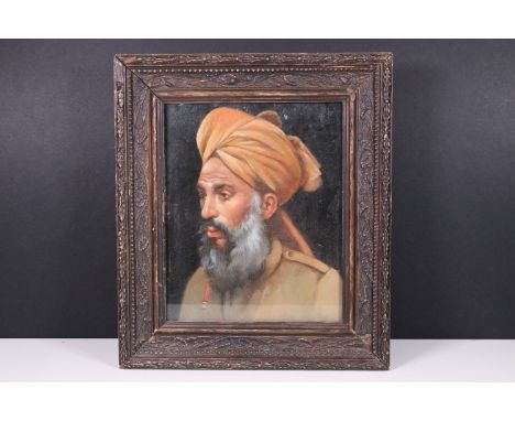 Oriental school, portrait of a bearded Asian man wearing a turban, oil on board, 24 x 19.5cm, framed and glazed