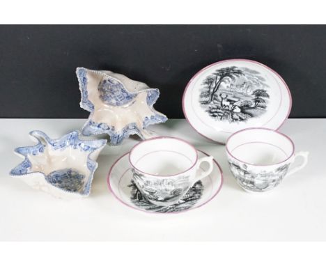 Two bat printed lustre glaze cups and saucers with deer and castle design and outdoor river scenes,  together with two antiqu
