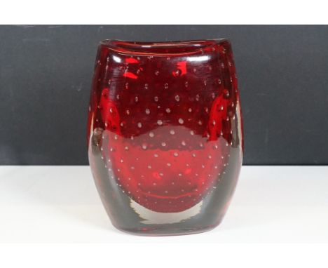 Whitefriars style red ruby cased bubble glass flattened barrel shape vase, H 18.5cm