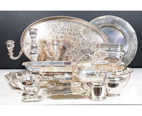 Collection of silver plate items to include three branch candlestick holder, posy bowl, open work serving trays, jugs, servin