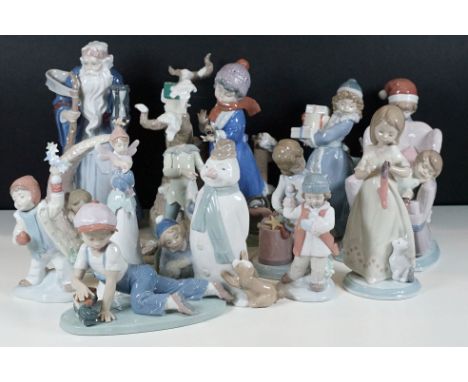 Large collection of Lladro winter themed figurines to include snowman 1438, child with snowballs 8166, fairy bell, boy with s
