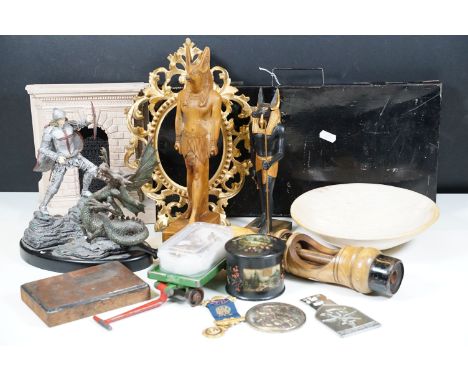 Assortment of items to include Freemasons apron with case, Royal Academy of Arts Archway replica model, Egyptian Anubis souve