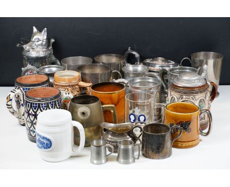 Selection of tankards to include silver plate, pewter, ceramic and glass examples, Arthur Price, Viners, Edwin Blyde, British