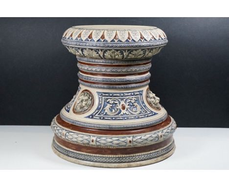 Large Victorian ceramic jardiniere pedestal stand with lions head detail and ornate decoration, H 37cm, 37cm base diameter