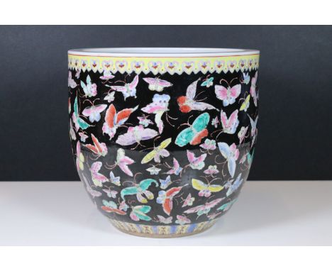 Chinese Famille Noir jardiniere planter with butterflies, H 24cm, D 25cm