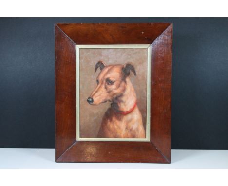 Portrait study of a lurcher dog, oil, 23.5 x 17.5cm, mahogany framed and glazed